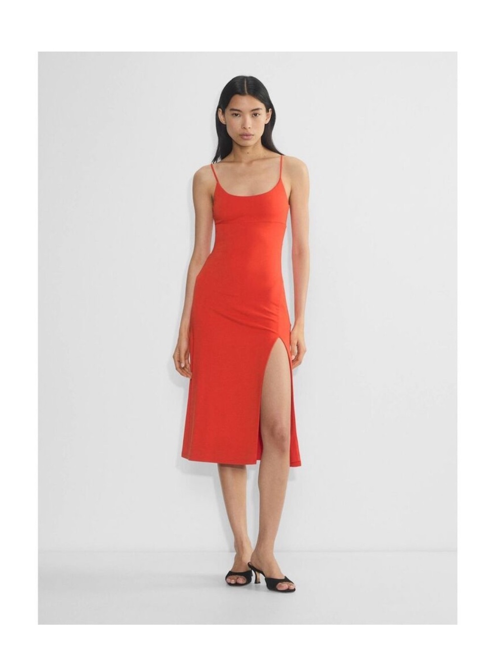Aritzia Orange/Red Spaghetti-Strap Midi Dress with Thigh Slit